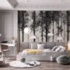 Monochromatic forest scene with tall slender trees in shades of gray.||