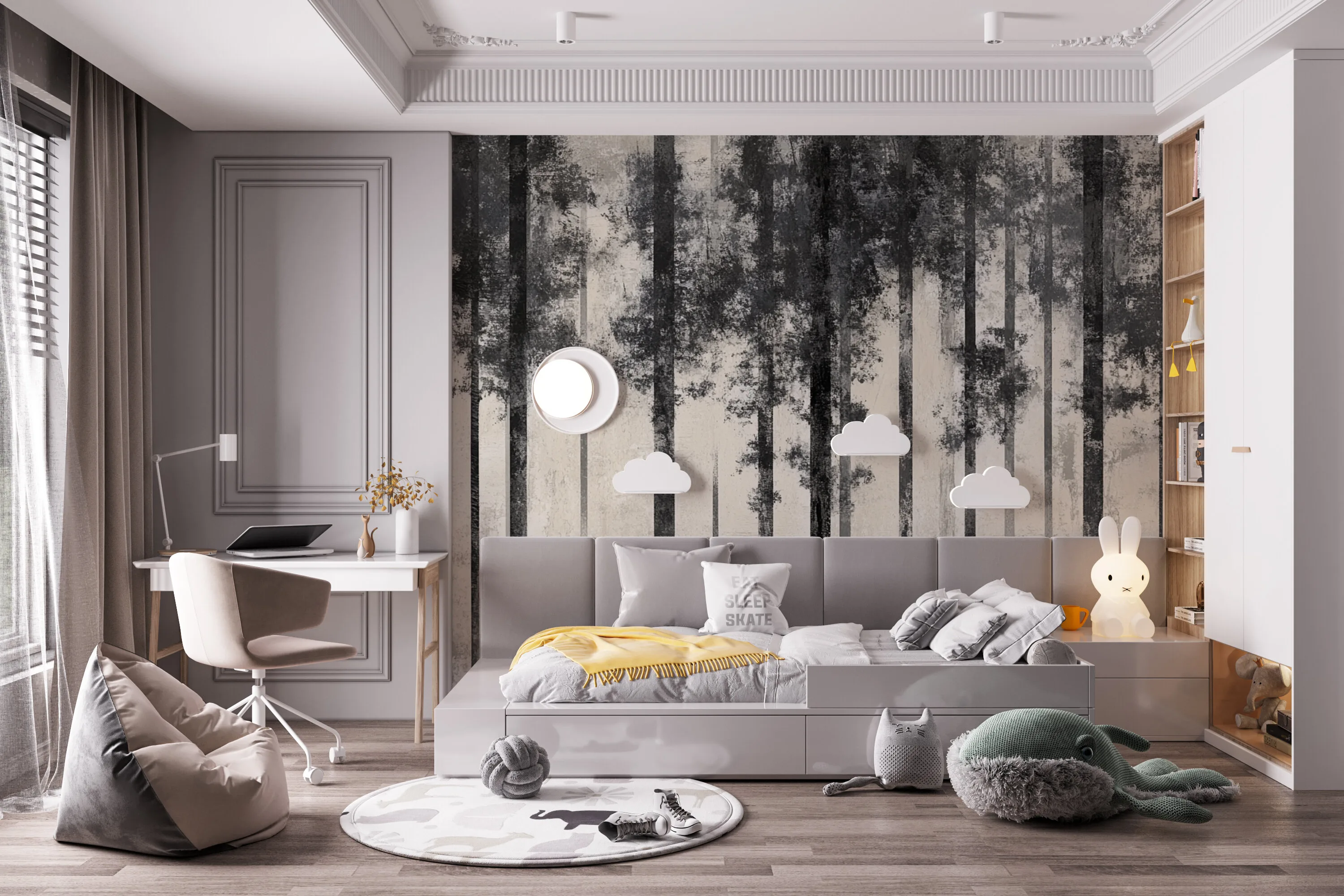 Monochromatic forest scene with tall slender trees in shades of gray.