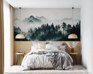 Misty mountainous landscape with tall trees and ethereal ambiance||
