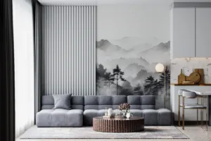 Tranquil mountain landscape with mist and tall trees||