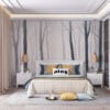 Misty forest scene with tall bare trees and a tranquil atmosphere.