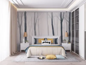 Misty forest scene with tall bare trees and a tranquil atmosphere.||