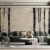 Serene forest scene with tall trees in misty atmosphere||