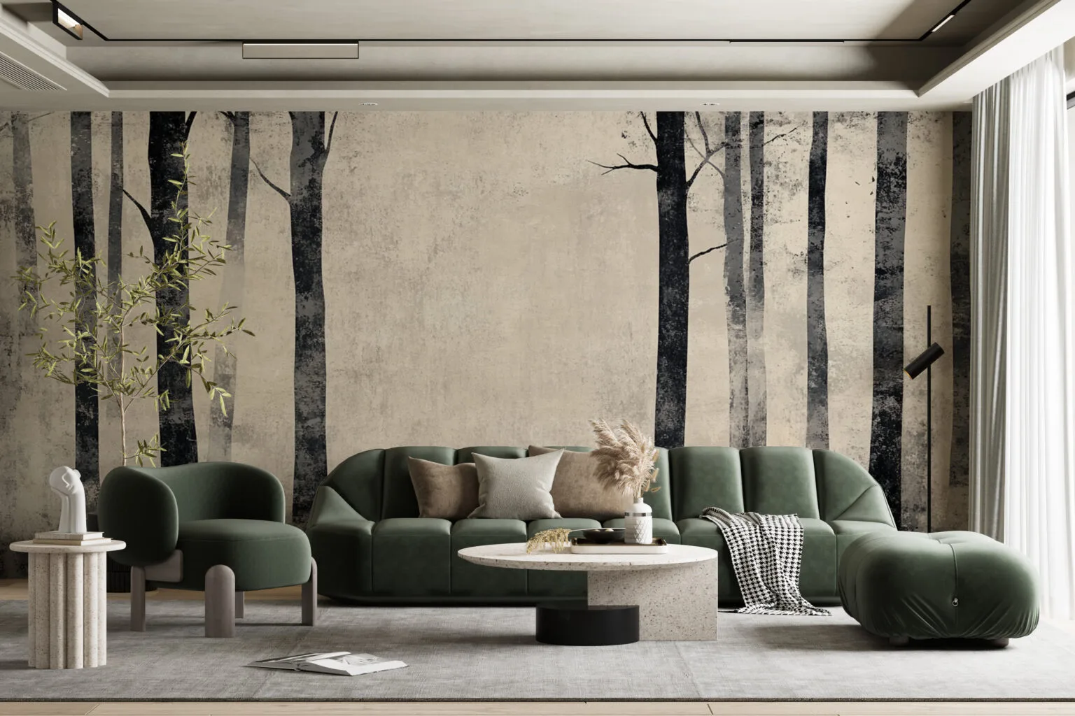 Serene forest scene with tall trees in misty atmosphere