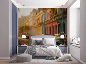 Vibrant cityscape of Havana with vintage cars and pastel architecture.