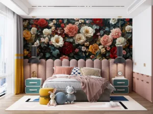 Vibrant floral arrangement featuring roses and smaller flowers against a dark background.||