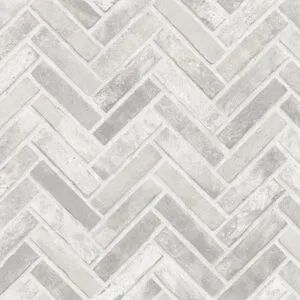 Herringbone patterned wallpaper with light grey bricks.