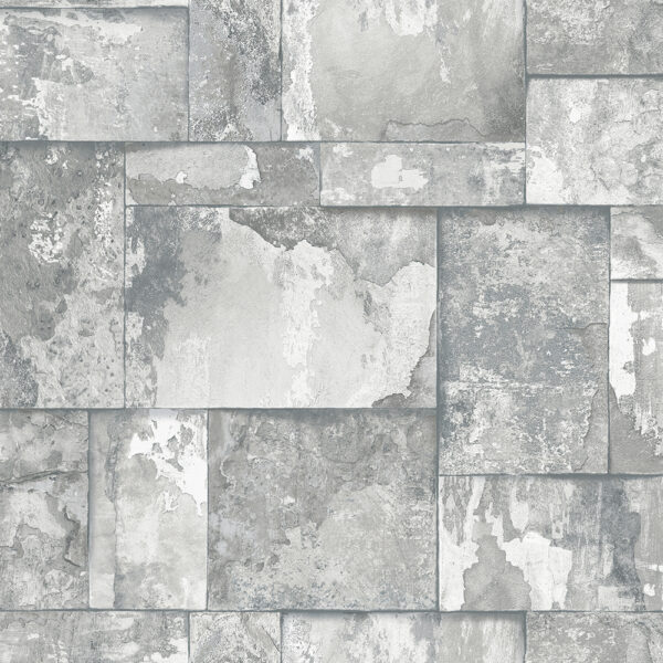 Vintage stone-textured wallpaper design in various shades of grey.