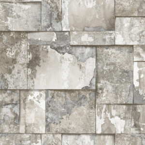 Textured wallpaper with a stone-like pattern in shades of grey and beige.