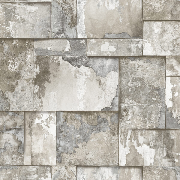 Textured wallpaper with a stone-like pattern in shades of grey and beige.