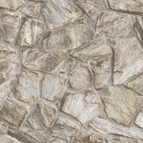 Textured stone wall wallpaper pattern in beige tones.