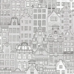 Detailed grey architectural wallpaper depicting classic European building facades.