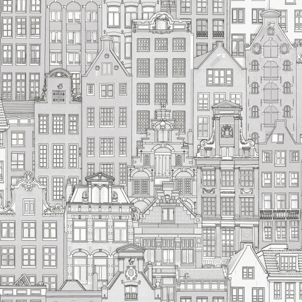 Detailed grey architectural wallpaper depicting classic European building facades.