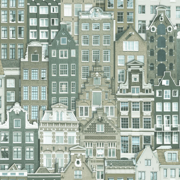 Illustration of tightly packed traditional European buildings with prominent window designs.
