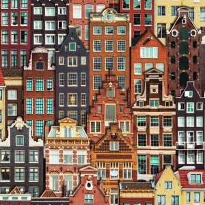 Colorful illustration of classic European row houses with varied architectural designs