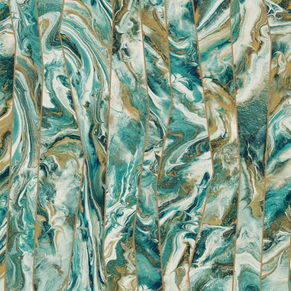 Octagon Flow Teal and Gold Marble Wallpaper