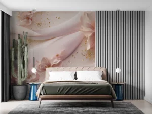 Delicate flowers and soft fabric in a serene composition of pink and white with gold accents.||