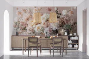 Beautiful floral arrangement of roses and peonies in soft pink and cream colors.