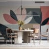 Abstract design featuring soft colored floral shapes and leaves.