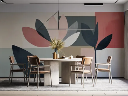 Abstract design featuring soft colored floral shapes and leaves.
