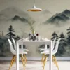 Serene mountainous landscape with mist and trees||