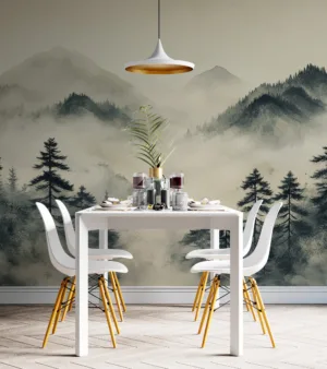 Serene mountainous landscape with mist and trees||
