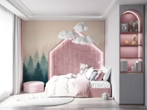 Misty forest landscape with evergreen trees and soft hues of blue and peach.||