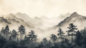Alternative view of Whispers of Tranquility in Misty Peaks Wall Mural