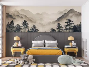 Tranquil mountain landscape with mist and silhouetted trees||