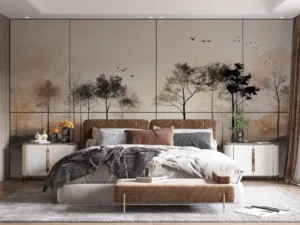 Silhouetted trees in a serene forest landscape with soft muted colors.||