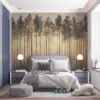 Serene forest landscape with tall coniferous trees in soft|diffused light.|