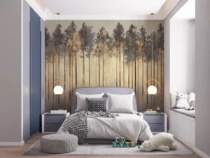 Serene forest landscape with tall coniferous trees in soft|diffused light.|
