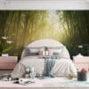 Serene bamboo forest with tall stalks and misty atmosphere