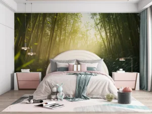 Serene bamboo forest with tall stalks and misty atmosphere||