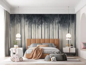 Monochromatic forest scene with tall trees and mist||