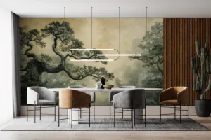 Artistic landscape featuring stylized trees in a tranquil forest setting.||