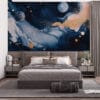 Abstract cosmic artwork featuring swirling patterns and celestial elements.