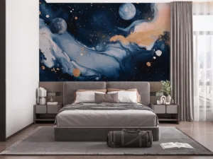 Abstract cosmic artwork featuring swirling patterns and celestial elements.||