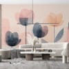 Stylized illustration of abstract flowers in soft pinks and blues.