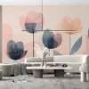 Stylized illustration of abstract flowers in soft pinks and blues.||