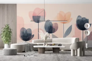 Stylized illustration of abstract flowers in soft pinks and blues.||