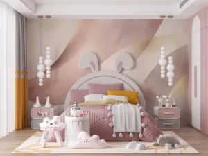 Abstract design with flowing shapes in soft pink and cream colors.||