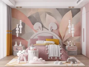 Abstract design with flowing shapes in soft pink|beige|and gray hues.