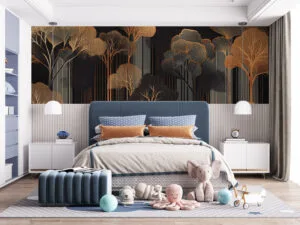 Stylized abstract trees in gold against a black background.