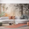 Abstract forest landscape with tall trees and misty background in orange and gray hues.||