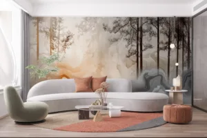 Abstract forest landscape with tall trees and misty background in orange and gray hues.||