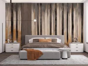 Abstract representation of a forest with vertical tree trunks in calming gray and beige colors.