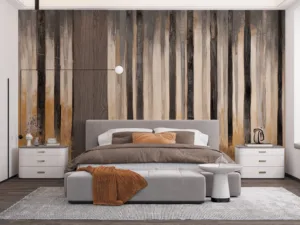 Abstract representation of a forest with vertical tree trunks in calming gray and beige colors.||