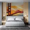 Abstract representation of the Golden Gate Bridge with geometric background.||