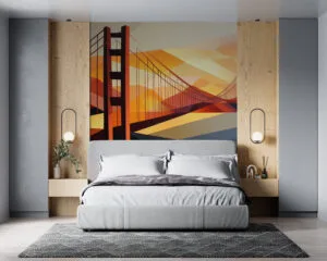 Abstract representation of the Golden Gate Bridge with geometric background.